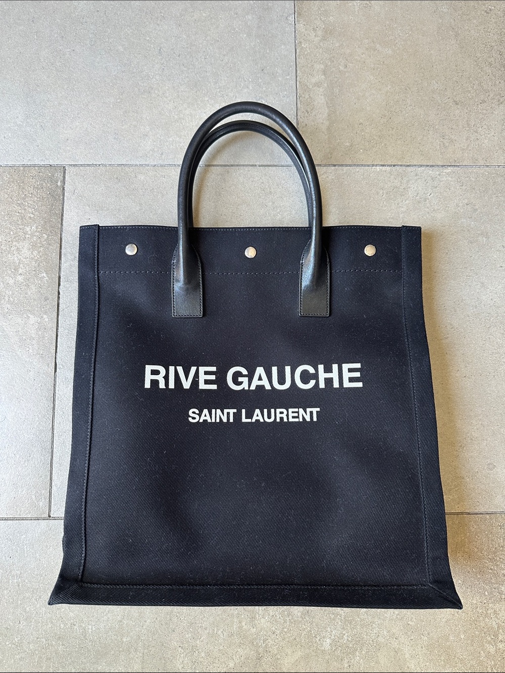 Saint Laurent Authentic Black Canvas 'Rive Gauche' Tote with White Logo with CoA